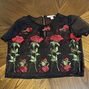 Forever 21 Black Sheer Top with Red Floral Embroidery